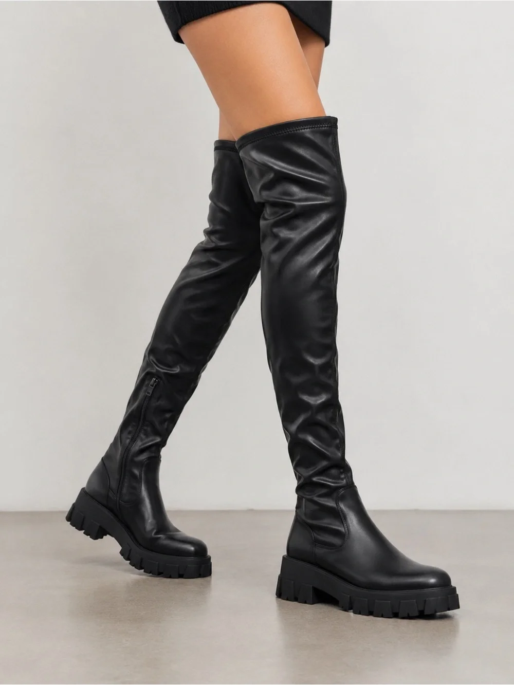 Azalea Wang Eureka Black Thigh High Lug Sole Boots NIB Sizes 7.5 8 9